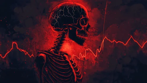 Skeletal profile with cracked skull and red waveform backdrop.