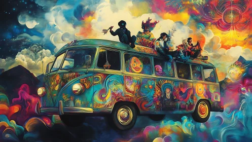 Colorful retro van in surreal landscape with passengers.