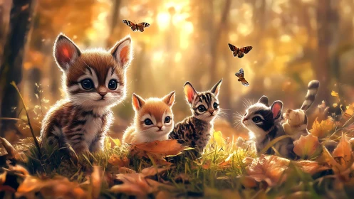 Forest Kittens Enchanted by Butterflies in Golden Autumn Light