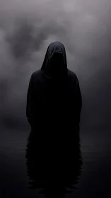 Hooded void figure in volumetric fog above rippled water.