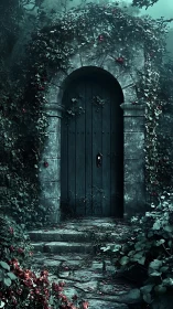 Midnight ivy gate guarding a forgotten forest threshold.