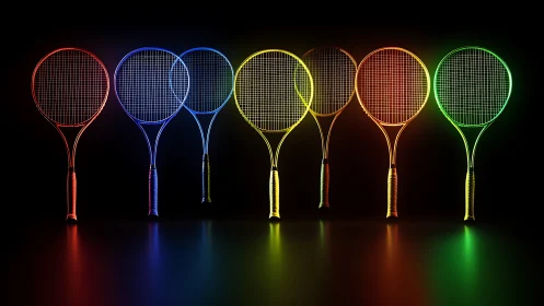 Neon outlined tennis rackets aligned on reflective surface.