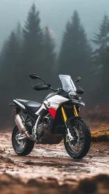 Adventure motorbike pauses on a misty forest trail.