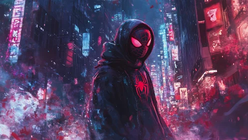 Masked figure stands in neon lit cityscape with dense atmosphere