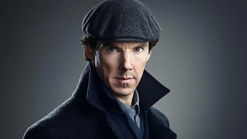 Sharp detective portrait in dark coat and flat cap.