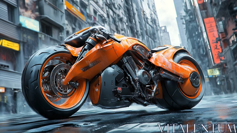 Low-angle render shows cyberpunk orange hoverbike with wet-surface reflections