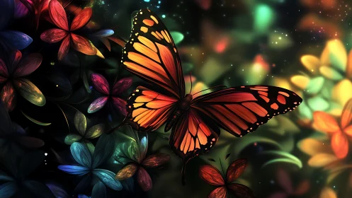 Monarch butterfly hovers over neon florals in luminous bokeh field
