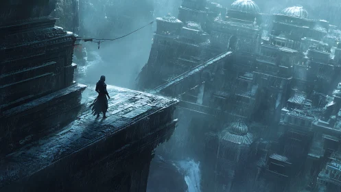 Lone hooded figure overlooking vast rainy cityscape.