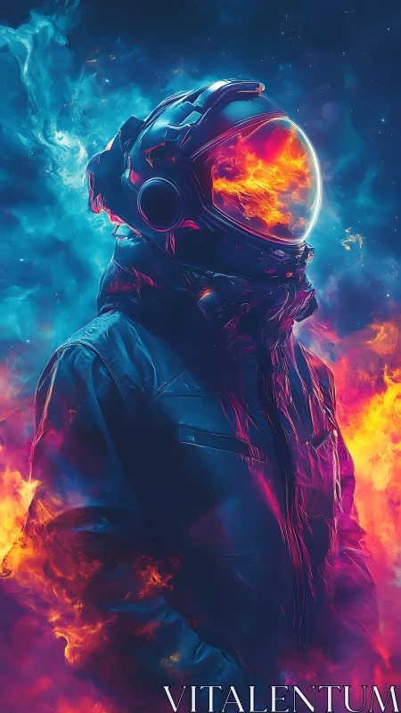 Luminous cosmic explorer wrapped in fire and stardust glow.