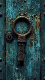 Photorealistic study of rusted ring handle on teal door.