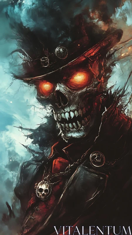 Ember eyed skeletal gunslinger prowls the stormlit void.