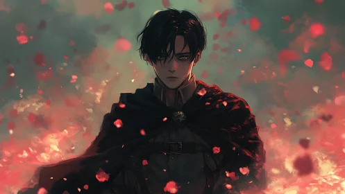 Dark cloaked warrior stands calm amid swirling red petals