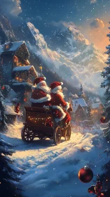 Two Santas ride in sleigh toward snowy alpine village