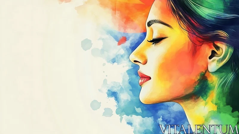 Vibrant watercolor portrait of woman in profile, abstract style.