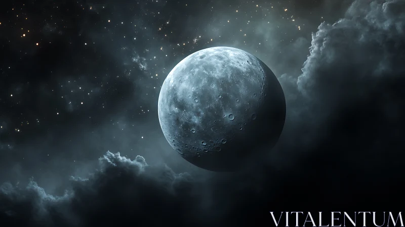 Lunar body emerging through dense atmospheric cloud layer.