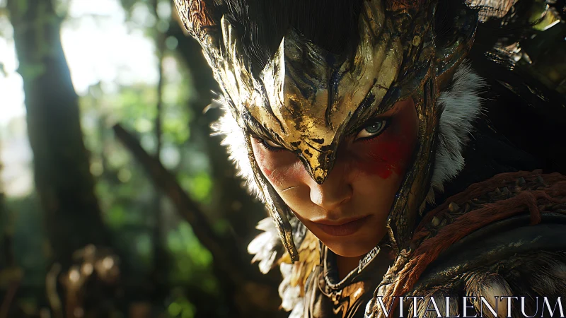 Warrior in avian helm rendered with cinematic photorealism