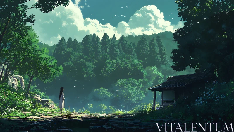 Solitary figure near small wooden house in dense forest.