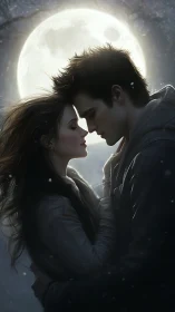 Luminous nocturnal embrace between two silhouetted figures beneath oversized celestial body