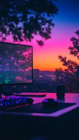 RGB lit desktop gaming setup against vivid city sunset