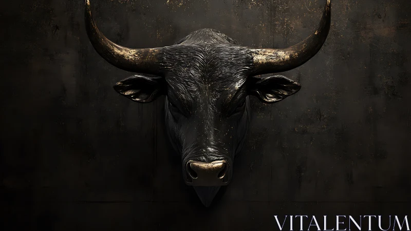 Textured bronze bull head sculpture on dark patinated wall
