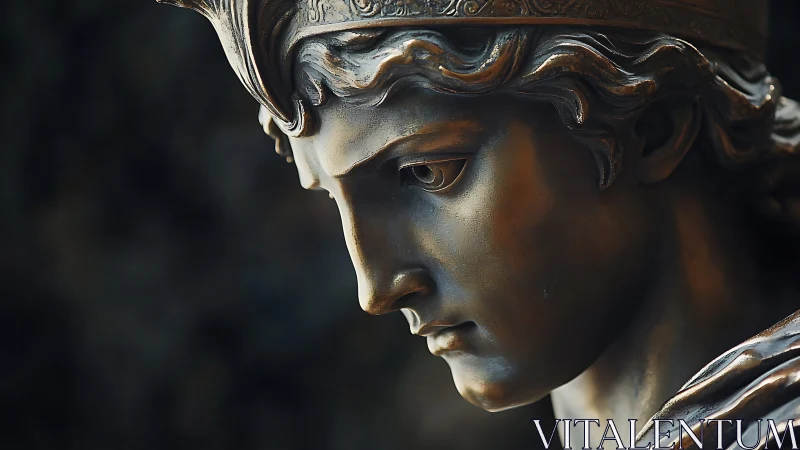 Bronze warrior bust glows under soft chiaroscuro lighting.