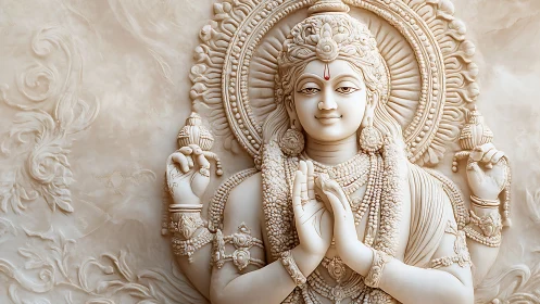 Divine stone relief sculpture with serene Hindu deity figure.