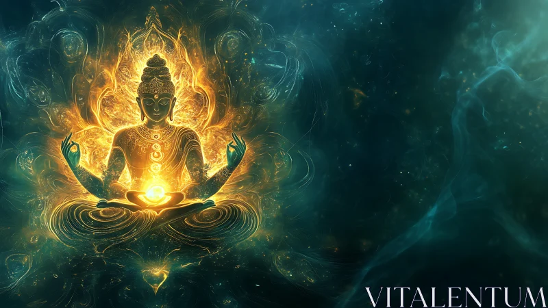 Luminous meditating deity within cosmic golden aura.