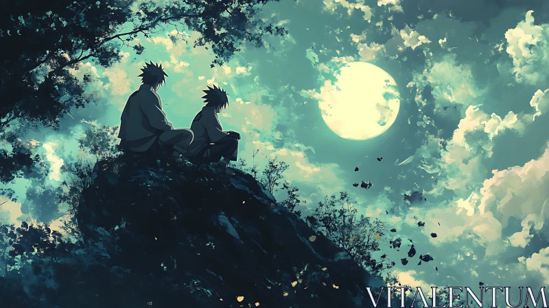 Two silhouetted figures sit on a cliff under a bright full moon