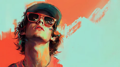Youthful man in orange sunglasses against teal brushwork.