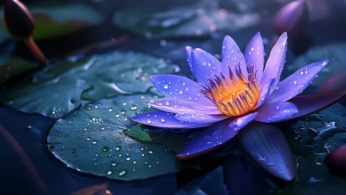 Photorealistic violet water lily macro on luminous pond surface.
