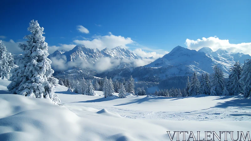 Snow-covered conifer forest before distant alpine peaks.
