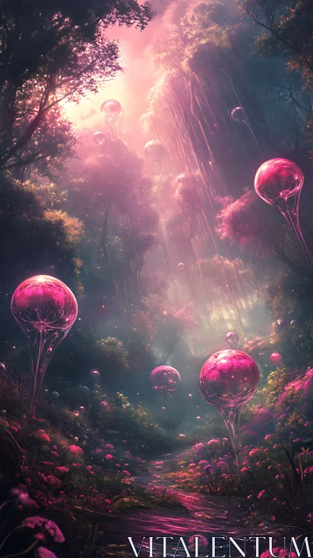 Enchanted pink orbs drift through a luminous dream forest
