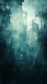 Teal abstract fog drifts through textured vertical canvas.