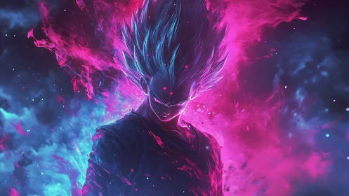 Cosmic flame warrior crowned in neon stormlight power.