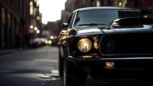 Classic muscle car glowing softly in a city evening street.