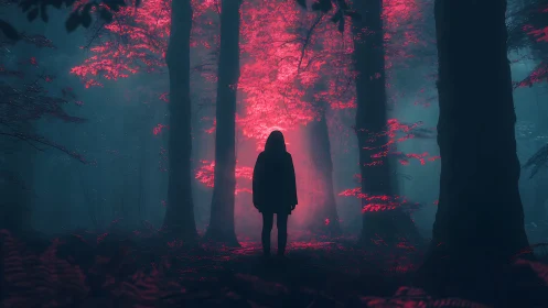 Hooded figure enters neon red portal forest at dusk.