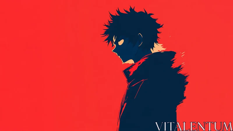 High-contrast anime silhouette on saturated red ground