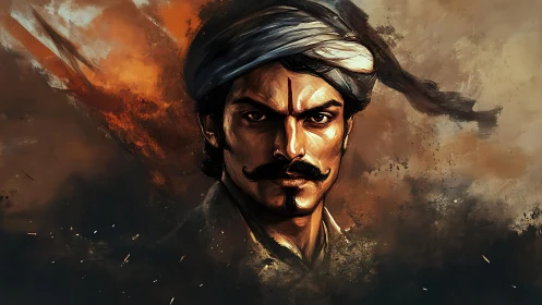 Warrior portrait in smoldering ochre and charcoal swirls.