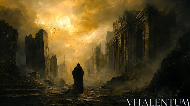 Cloaked solitary figure in ruined city under hazy sun.