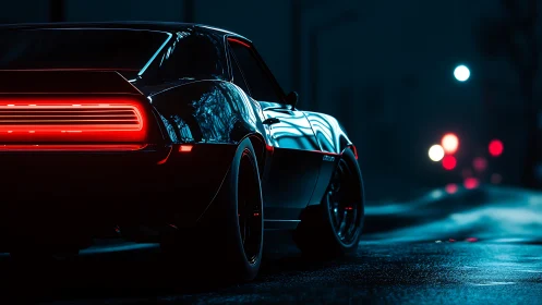 Midnight muscle car glowing under neon city lights.