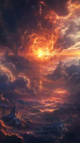 Fiery celestial vortex ignites a vast otherworldly landscape