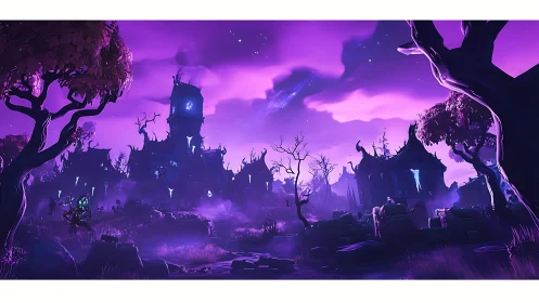Haunted purple graveyard with eerie fantasy ruins at dusk.