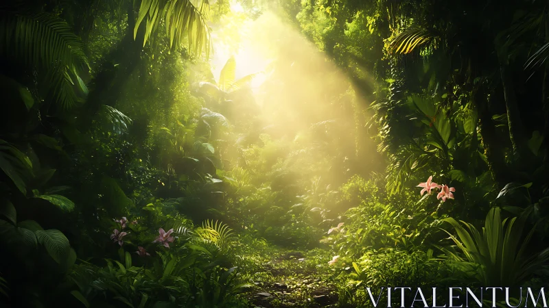 Dense forest pathway with tropical vegetation and filtered sunlight