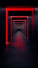 Endless neon corridor glows with intense red geometric light
