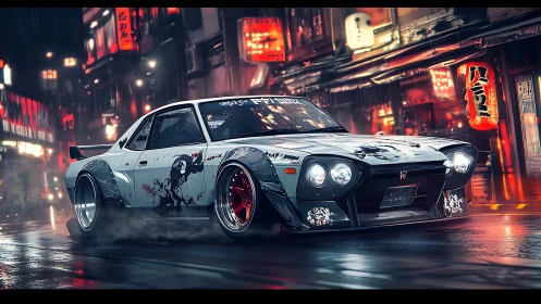 Widebody drift coupe cuts through neon-lit rainy street scene.
