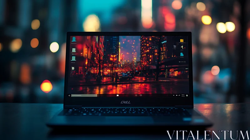 Dell laptop on city street table with neon bokeh reflections