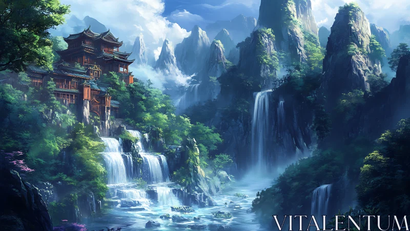 Mountain temple complex framed by cascading alpine waterfalls