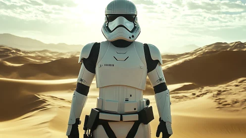 Desert patrol trooper gleams against windswept alien dunes.