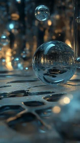 Reflective glass spheres on metallic surface in bokeh scene.