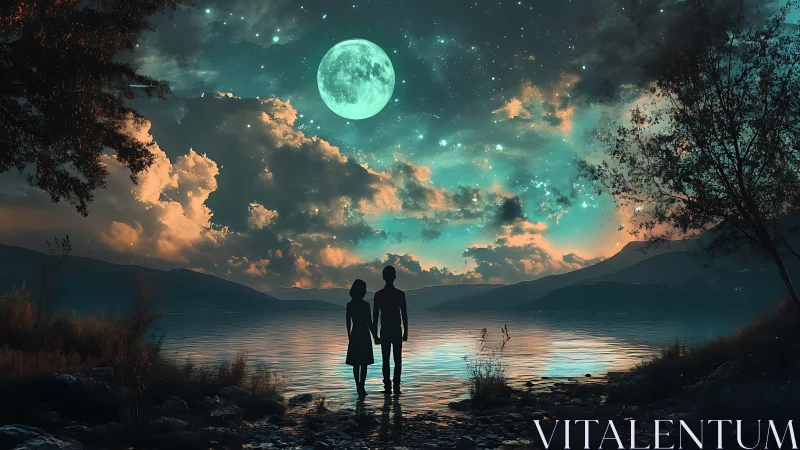 Couple Beneath Luminescent Moon Over Serene Lake